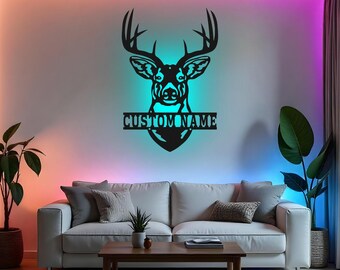 Custom Deer Hunting Sign LED Metal Wall Art, Personalized Hunter Gift, Deer Hunter Decor for Cabin, Hunting Lodge Wall Art