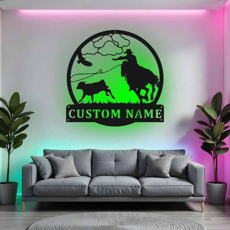 Custom Calf Roping Sign LED Metal Wall Art, Personalized Cowboy Rodeo ...