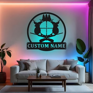 Custom Deer Hunting Sign LED Metal Wall Art, Personalized Hunter Gift, Deer Hunter Decor for Cabin, Hunting Lodge Wall Decor