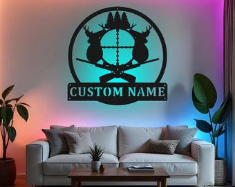 Custom Deer Hunting Sign LED Metal Wall Art, Personalized Hunter Gift, Deer Hunter Decor for Cabin, Hunting Lodge Wall Decor
