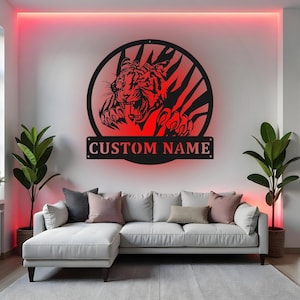 Custom Tiger Sign LED Metal Wall Art, Personalized Tiger Claws Decor, Wildlife Room Decoration, Gift for Animal Lover