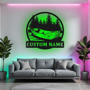 Custom Kayak Sign LED Metal Wall Art, Personalized Canoe Decor, Kayaking Gift for Paddler, Lake House Cabin Decoration