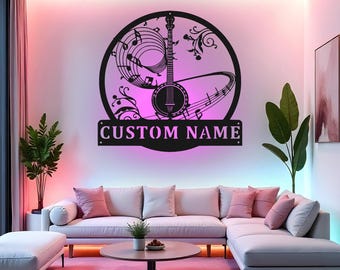 Custom Banjo Sign LED Metal Wall Art, Personalized Musician Gift, Banjo Decor for Music Room, Music Lover Wall Decor