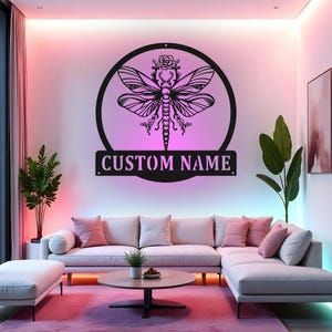Custom Dragonfly Sign LED Metal Wall Art, Personalized Name Decor, Dragonfly Wall Decor, Nature Lover Gift, Bedroom Decor