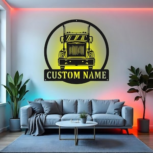 Custom Semi Truck Sign LED Metal Wall Art, Personalized Trucker Gift, Semi Truck Driver Decor, Trucking Company Wall Decor