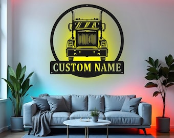 Custom Semi Truck Sign LED Metal Wall Art, Personalized Trucker Gift, Semi Truck Driver Decor, Trucking Company Wall Decor