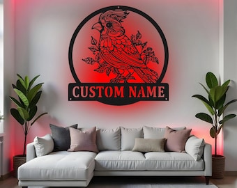 Custom Cardinal Bird Sign LED Metal Wall Art, Personalized Bird Lover Gift, Cardinal Decor for Living Room, Nature Wall Decor