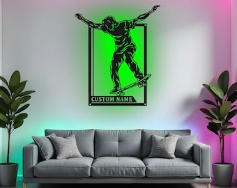 Custom Skateboarder Sign LED Metal Wall Art, Personalized Skateboarding Decor, Teen Boy Gift, Bedroom Wall Decor