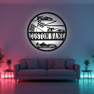 Custom Racing Car Sign LED Metal Wall Art, Personalized Racer Name Decor, Race Car Garage Gift, Racing Room Decoration