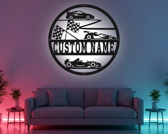 Letrero de coche de carreras personalizado, arte de pared de metal LED, decoración personalizada con nombre de corredor, regalo para garaje de coche de carreras, decoración de sala de carreras