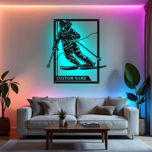 Custom Female Skier Sign LED Metal Wall Art, Personalized Skiing Decor, Ski Lover Gift, Ski Cabin Metal Wall Art
