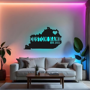 Custom Kentucky Sign LED Metal Wall Art, Personalized State Decor, Kentucky State Map Wall Decor, Gift for Kentucky Lover, Home Accent