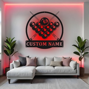 Custom Billiards Sign LED Metal Wall Art, Personalized Pool Player Decor, Game Room Wall Decor, Pool Hall Gift Idea