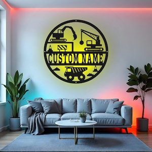 Custom Construction Sign LED Metal Wall Art, Personalized Builder Decor, Kids Room Construction Theme Gift