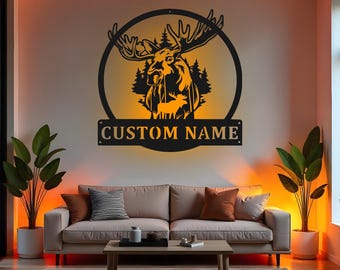 Custom Moose Sign LED Metal Wall Art, Personalized Wildlife Outdoor Decor, Rustic Cabin Gift for Hunter, Lodge Wall Decor