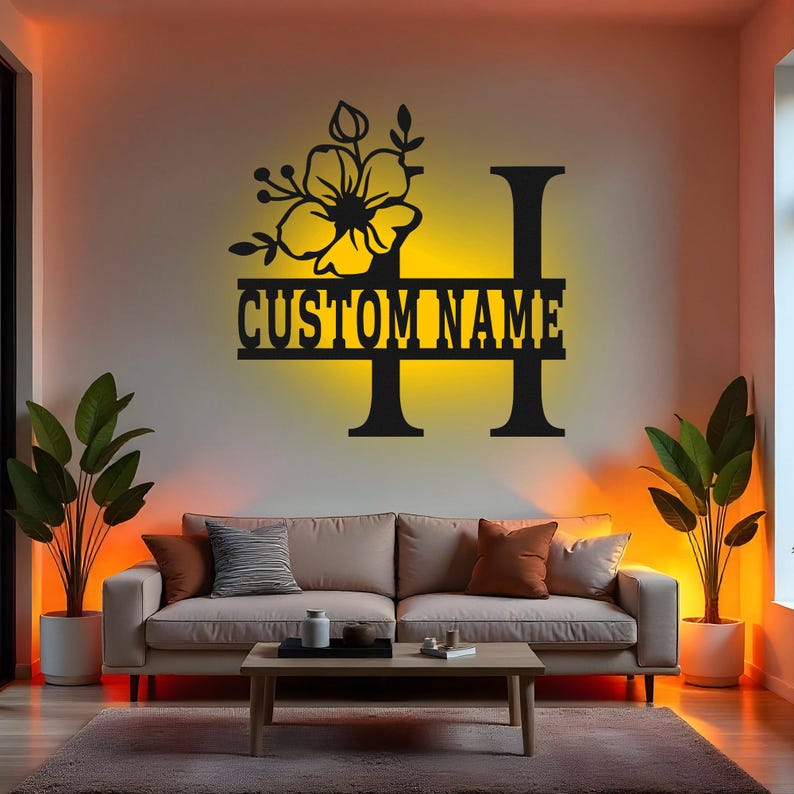 Custom H Custom H Letter Monogram Floral Alphabet LED Metal Wall Art ...