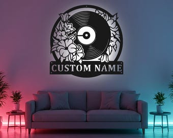 Custom DJ Sign LED Metal Wall Art, Personalized Floral Turntable