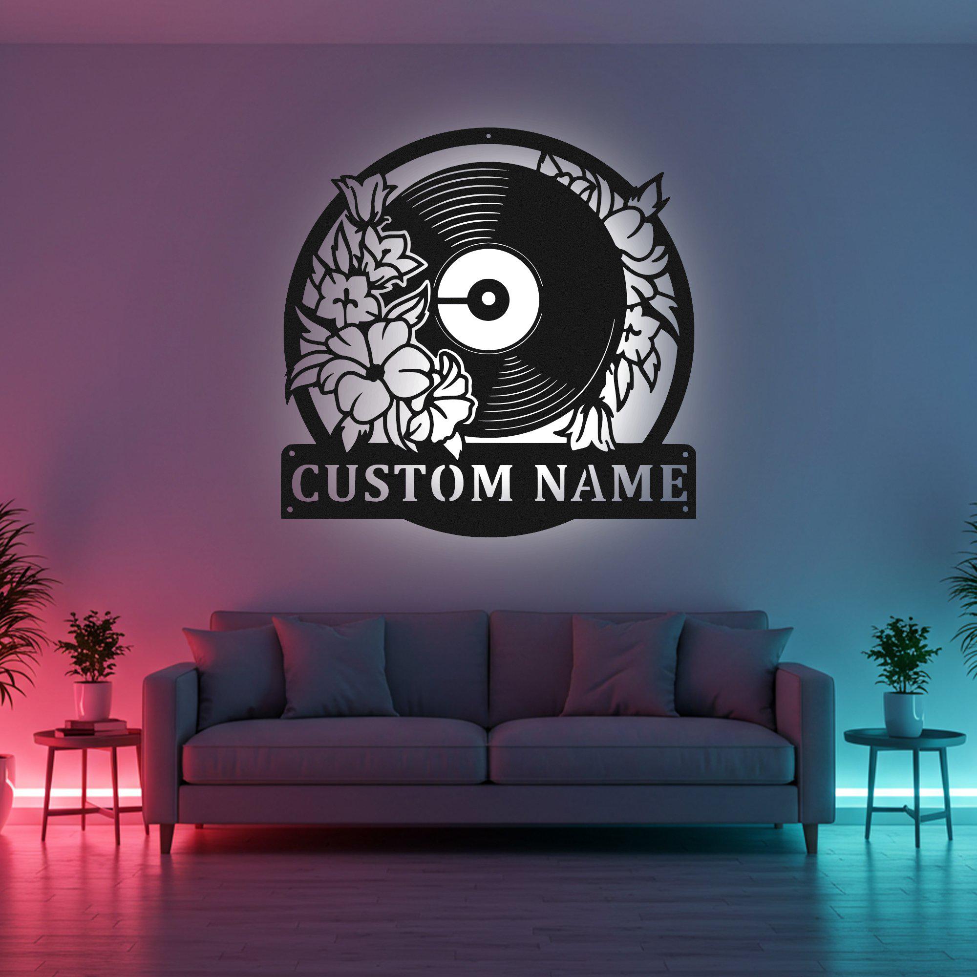 Custom DJ Sign LED Metal Wall Art, Personalized Floral Turntable