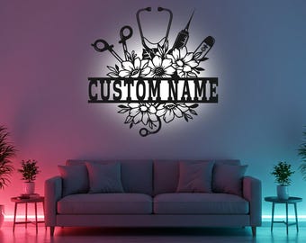 Placa de LED personalizada para enfermeira, arte de parede em metal, decoração floral personalizada para enfermeira, presente para formatura de enfermeira, decoração para consultório de enfermagem