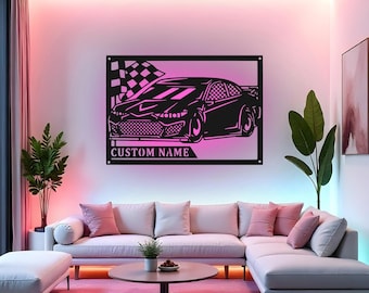 Letrero de carreras de coches personalizado, arte de pared de metal LED, decoración personalizada con nombre de corredor, decoración de garaje de coches de carreras, regalo para corredores