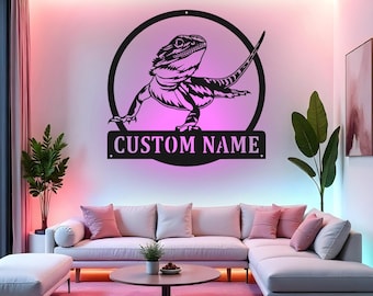 Kundenspezifisches bärtiger Drache Zeichen LED Metallwand-Kunst, personalisierte Reptilien-Liebhaber-Geschenk, bärtiger Drache-Metallwand-Kunst-Dekor für Raum