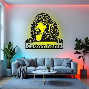Custom Poodle Sign LED Metal Wall Art, Personalized Dog Name Decor, Dog Mom Gift, Poodle Lover Dog Room Decoration