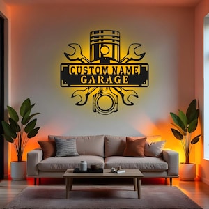 Custom Garage Sign Decor LED Metal Wall Art, Personalized Mechanic Workshop Gift, Piston & Wrench Garage Decor for Car Enthusiast