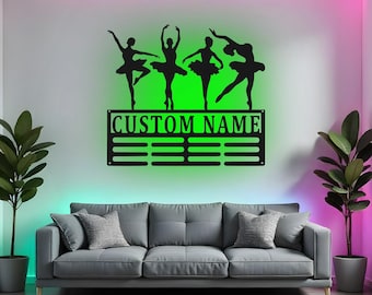 Custom Ballerina Sign LED Metal Wall Art, Personalized Ballet Medal Holder, Dance Award Display, Gift for Dancer