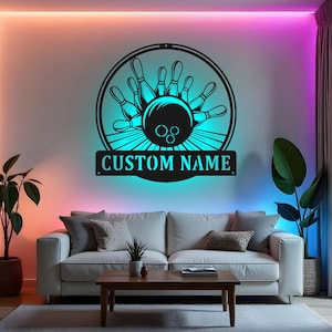 Custom Bowling Sign LED Metal Wall Art, Personalized Bowler Name Decor, Bowling Team Gift, Bowling Alley Room Sign