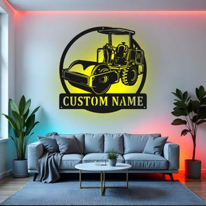 Custom Road Roller Truck Sign LED Metal Wall Art, Personalized Construction Vehicle Decor, Heavy Equipment Gift for Boys Room