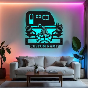 Custom Camper Sign LED Metal Wall Art, Personalized Camping Decor, RV Campsite Sign, Gift for Campers, Outdoor Adventure Decor