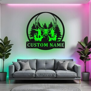 Custom Deer Hunting Sign LED Metal Wall Art, Personalized Hunter Name Decor, Hunting Lodge Cabin Gift, Hunter Man Cave Metal Wall Art