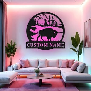Custom Bison Sign LED Metal Wall Art, Personalized American Buffalo Decor, Wildlife Nature Home Accent, Cabin Wall Decor Gift