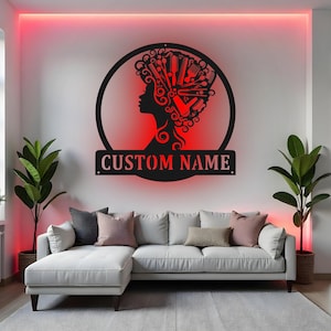 Placa de parede de metal LED personalizada para salão de beleza, decoração personalizada para cabeleireiro, presente para proprietários de salão, placa para estúdio de cabeleireiro