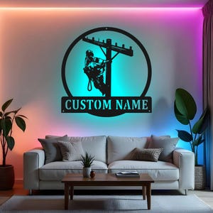 Custom Lineman Sign LED Metal Wall Art, Personalized Electrical Worker Gift, Lineman Room Decor, Utility Worker Wall Decor