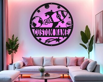 Letrero de cohete personalizado con LED, arte de pared de metal, decoración espacial personalizada, decoración de cohete para habitación infantil, letrero con nombre para guardería