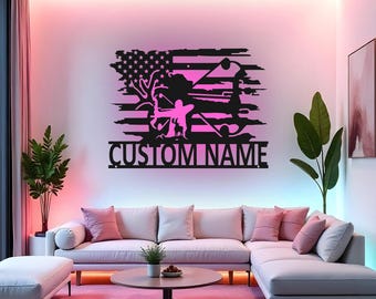 Letrero de caza con arco personalizado, arte de pared metálico LED, decoración personalizada para cazador de ciervos, regalo de cazador, decoración de pared para pabellón de caza