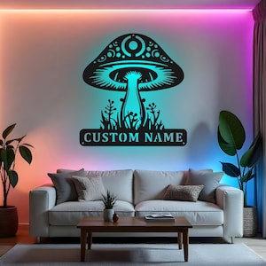 Custom Mushroom Sign LED Metal Wall Art, Personalized Garden Name Sign, Mushroom Decor for Bedroom, Nature Lover Gift