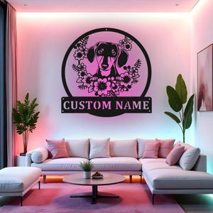 Custom Dachshund Sign LED Metal Wall Art, Personalized Floral Dog Decor, Pet Room Wall Decor, Gift for Dog Lovers