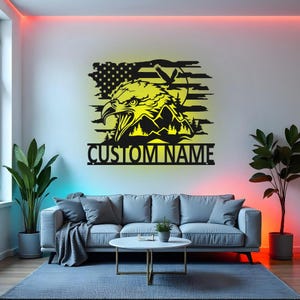 Custom Patriotic Eagle Sign LED Metal Wall Art, Personalized American Eagle Wall Decor, USA Flag Gift for Veterans