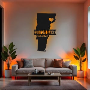 Custom Vermont Sign LED Metal Wall Art, Personalized State Map Decor, Vermont Home Gift, Metal Wall Art for Living Room
