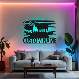 Custom Cow Sign LED Metal Wall Art, Personalized Farm Decor, Cow Lover Gift, Farmhouse Family Name Sign
