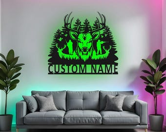 Custom Deer Hunting Sign LED Metal Wall Art, Personalized Hunter Gift, Hunting Decor for Cabin, Man Cave Wall Decoration