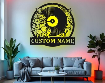 Custom DJ Sign LED Metal Wall Art, Personalized Floral Turntable