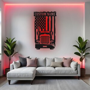Custom Big Truck Sign LED Metal Wall Art, Personalized Trucker Gift, Semi Truck Decor for Garage, Truck Driver Gift
