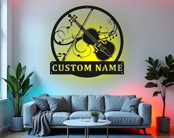 Insegna LED in metallo personalizzata per violino, regalo personalizzato per insegnante di musica, decorazione per la casa con strumenti musicali, decorazione per la sala musica