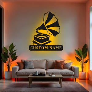 Custom Phonograph Sign LED Metal Wall Art, Personalized Gramophone Record Player Decor, Music Lover Gift, Home Studio Decor