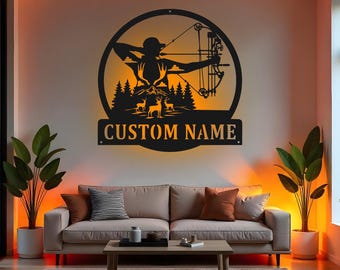 Letrero de cazador con arco personalizado, arte de pared de metal LED, decoración de caza personalizada para cuevas de hombres, idea de regalo para cazadores