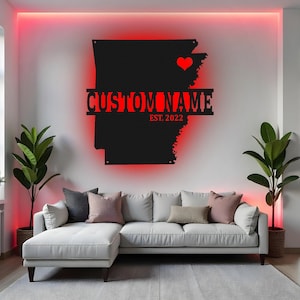 Art mural LED Arkansas personnalisé en métal, décoration de carte d'État personnalisée, cadeau Born in Arkansas, décoration de chambre État d'origine