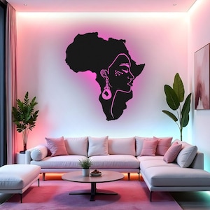 Art mural LED en métal pour femme africaine, décoration de carte de l'Afrique de la reine noire, décoration afrocentrique pour le salon, cadeau pour femme noire